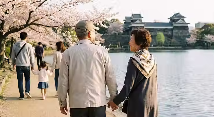 70代くらいの男性または女性が、福岡の公園(大濠公園など)を笑顔でウォーキングしている