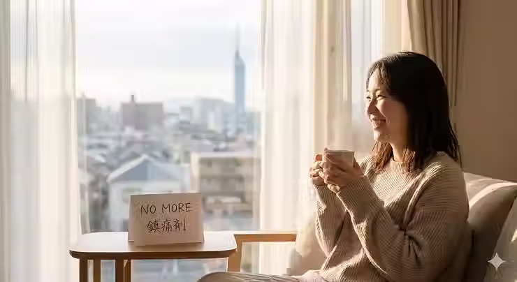 頭痛から解放された女性が晴れやかな表情でコーヒーを飲んでいる様子。