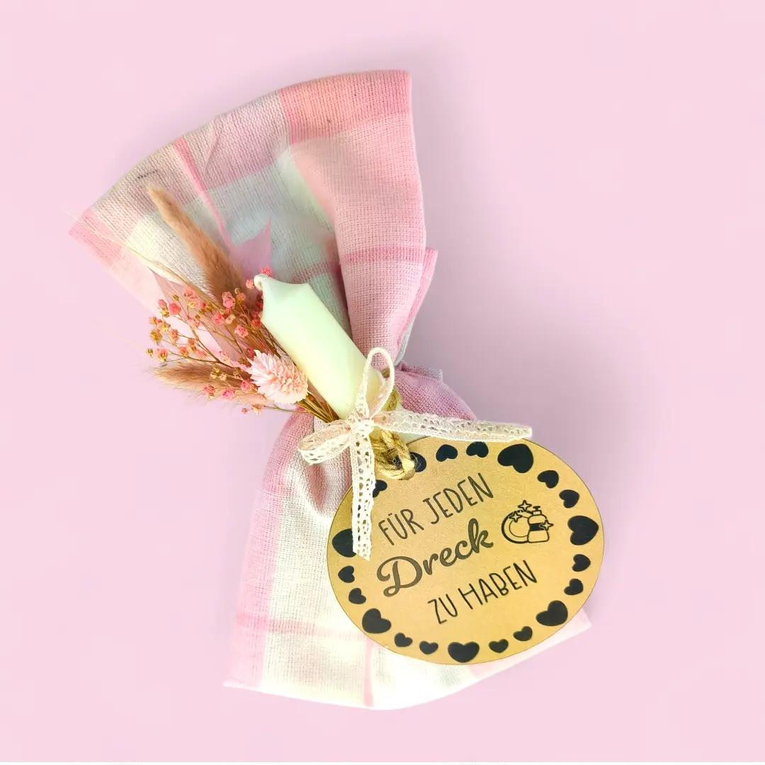 Geschirrtuch rosa mit Stabkerze weiss