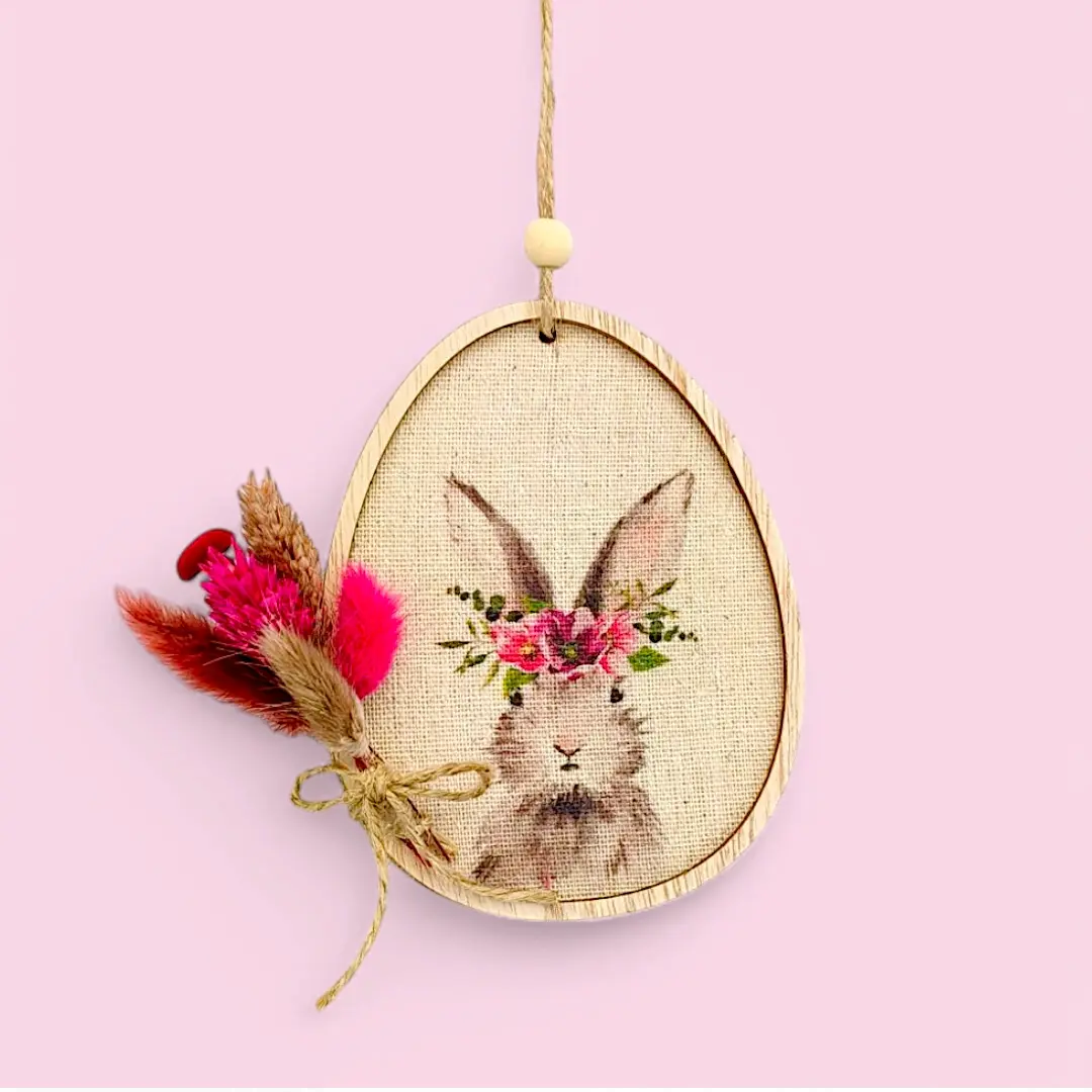 Anhänger Osterei mit Hase und Trockenblumen