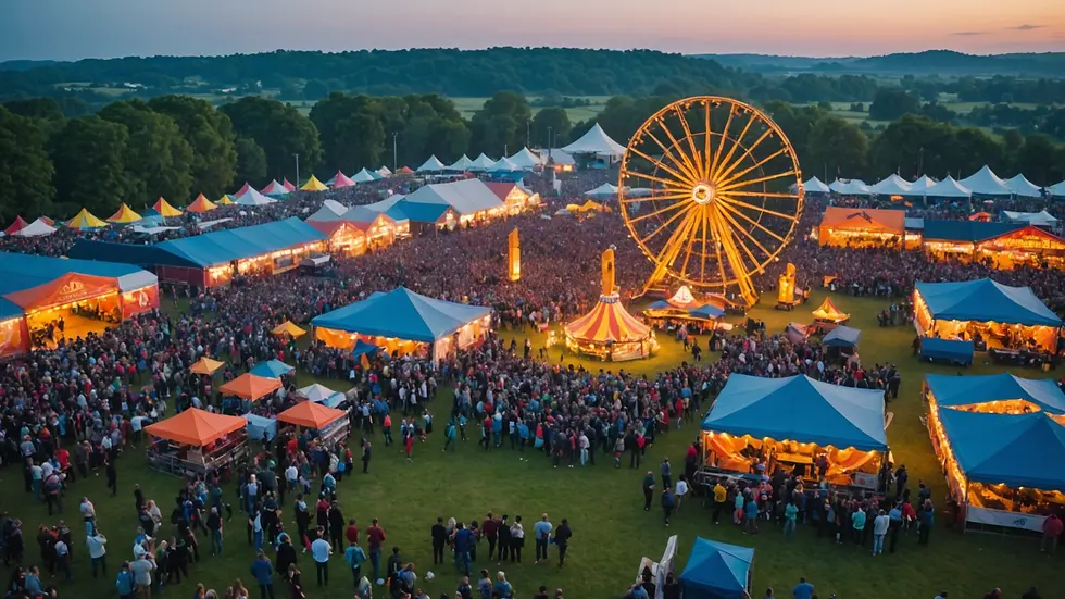 Wide angle view of a vibrant outdoor festival setting