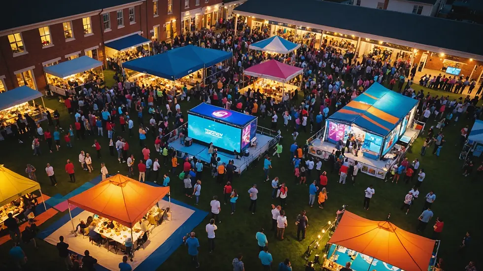 High angle view of a vibrant community event showing user-generated content displays
