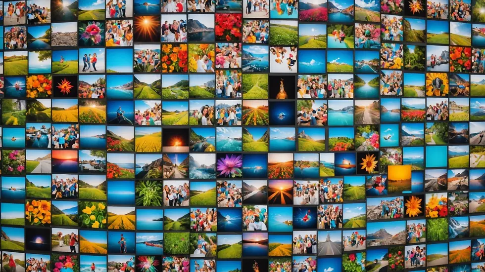Close-up view of a user-generated content wall filled with colorful images