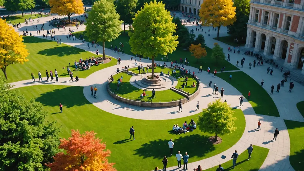 High angle view of a vibrant park filled with people enjoying various activities
