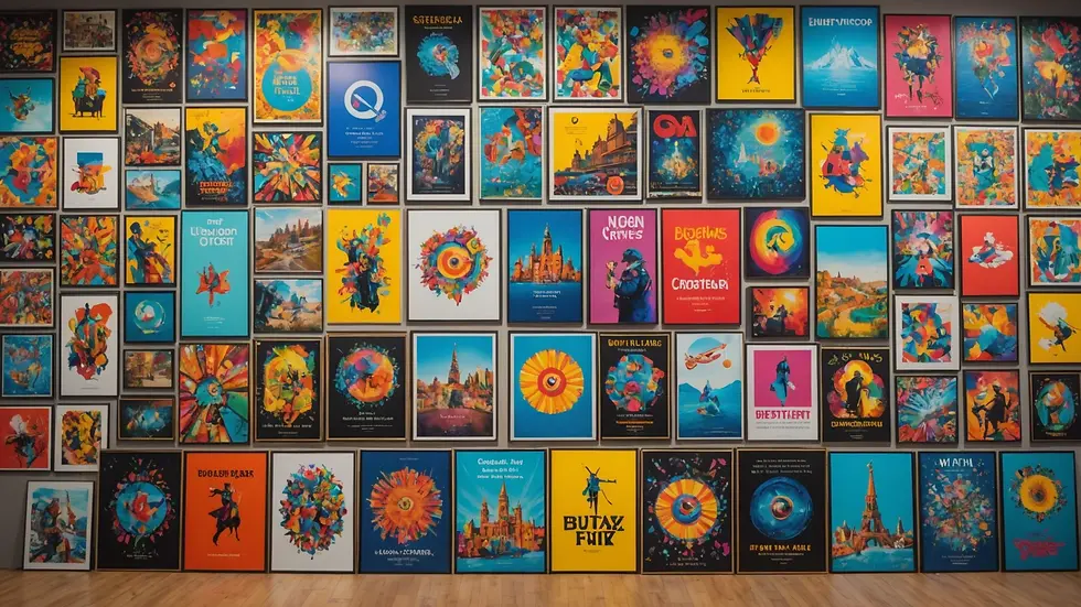 Eye-level view of a colorful wall filled with vibrant posters and customer art