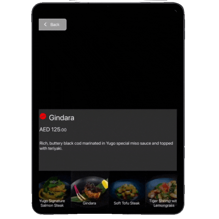 Tablet menu of a restaurant that shows the food video of a japanese food.
