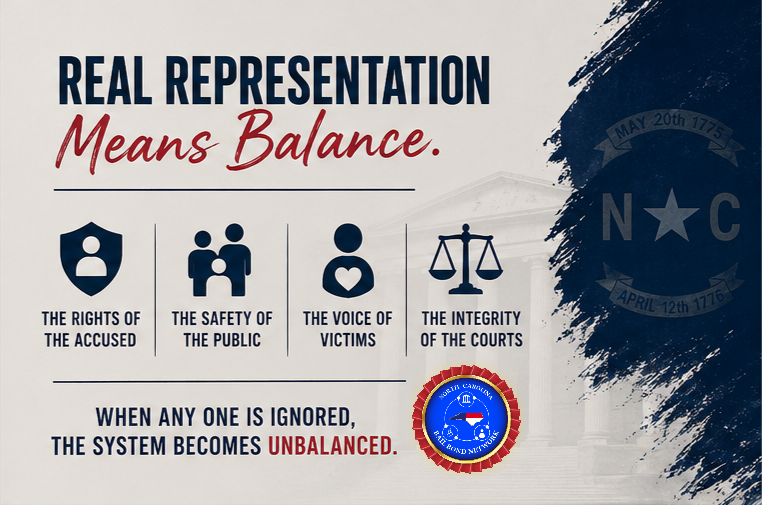 Text reading "Real Representation Means Balance" with icons: shield, people, megaphone, scales. Background shows a blend of light and dark tones.