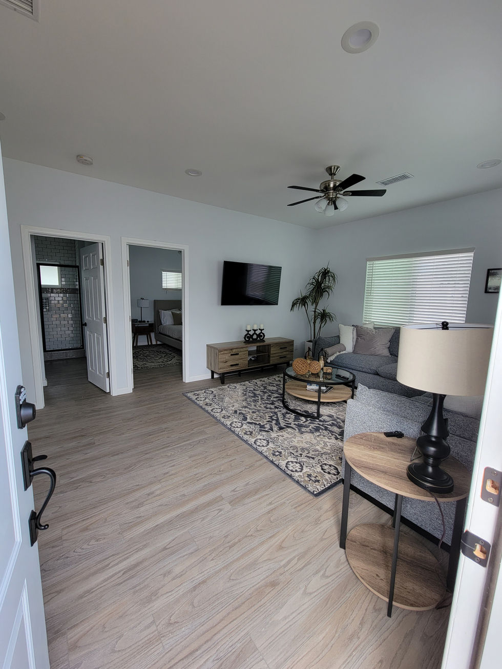 a living room with a ceiling fan and a flat screen tv