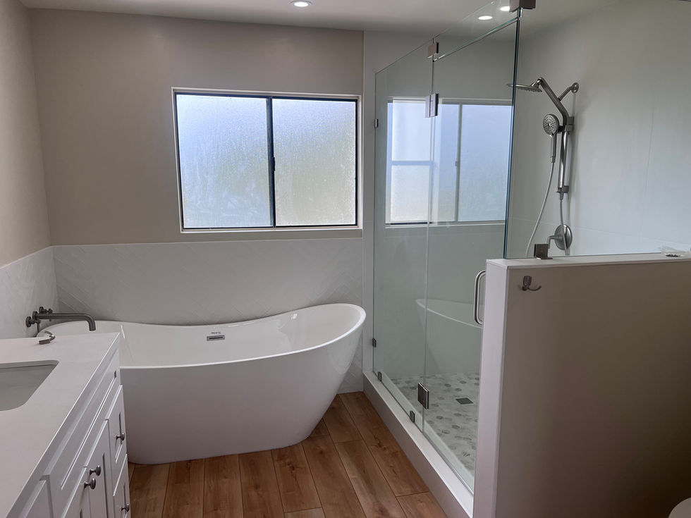 a bathroom with a bathtub and a walk in shower