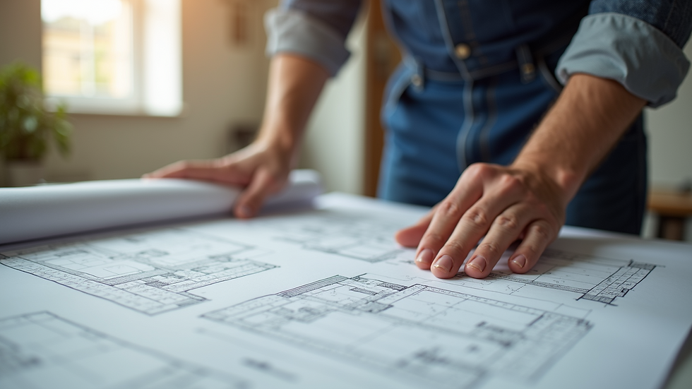 Eye-level view of a contractor reviewing home blueprints