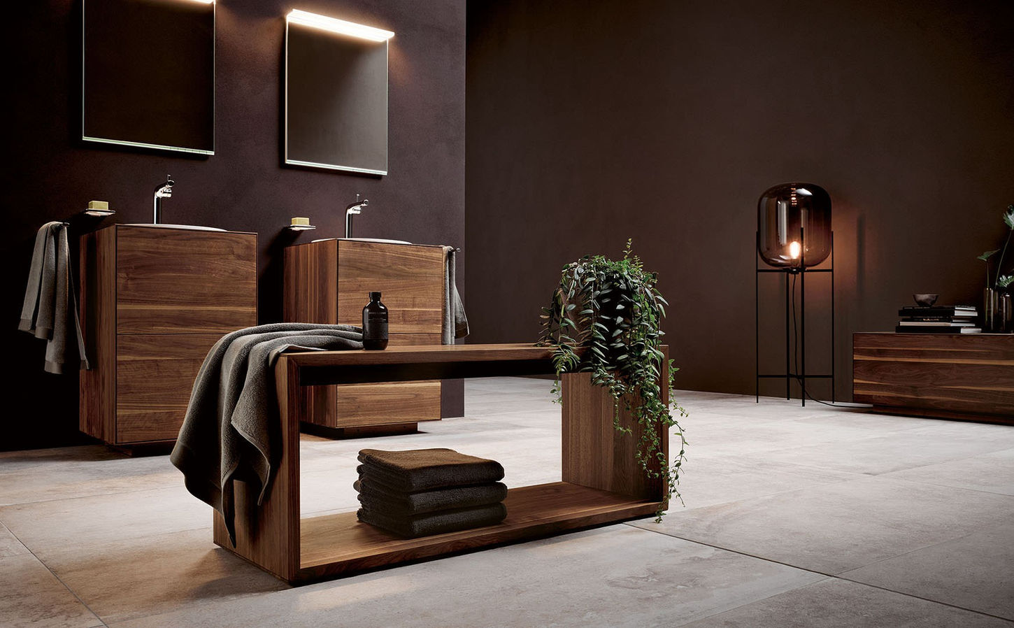 Modernes Badezimmer mit Holzwaschbecken und Handtuchhalter