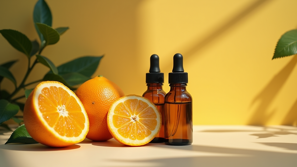Eye-level view of essential oil bottles with fresh citrus fruits