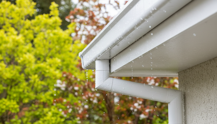 Close-up view of clean gutters on a freshly washed Wellington home