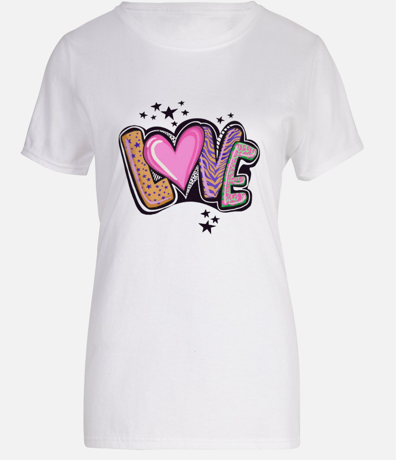 A white t-shirt that says "LOVE"