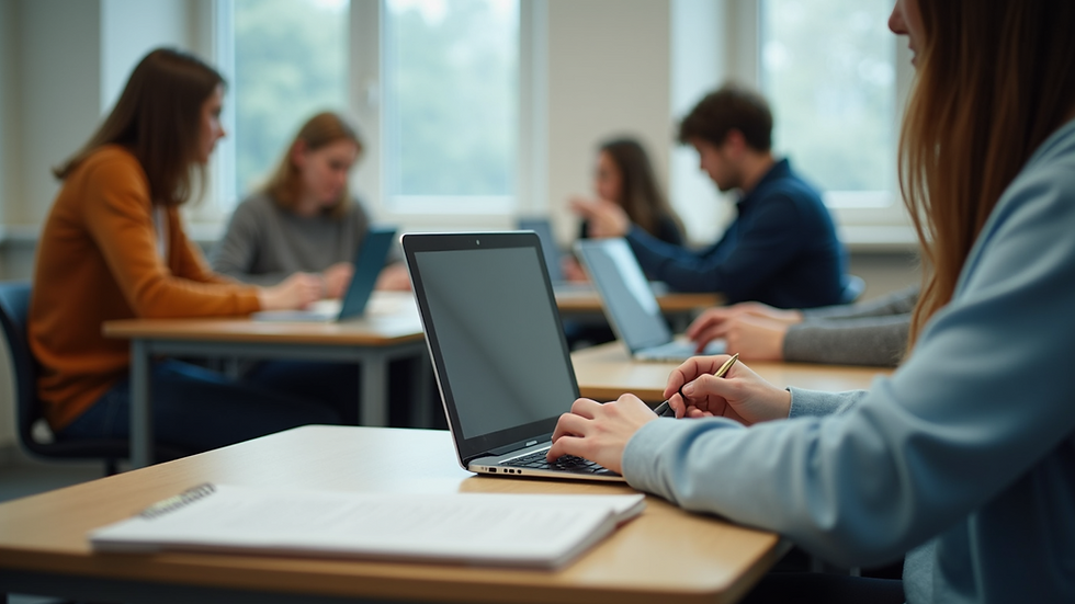 Eye-level view of a classroom with students using tablets and books