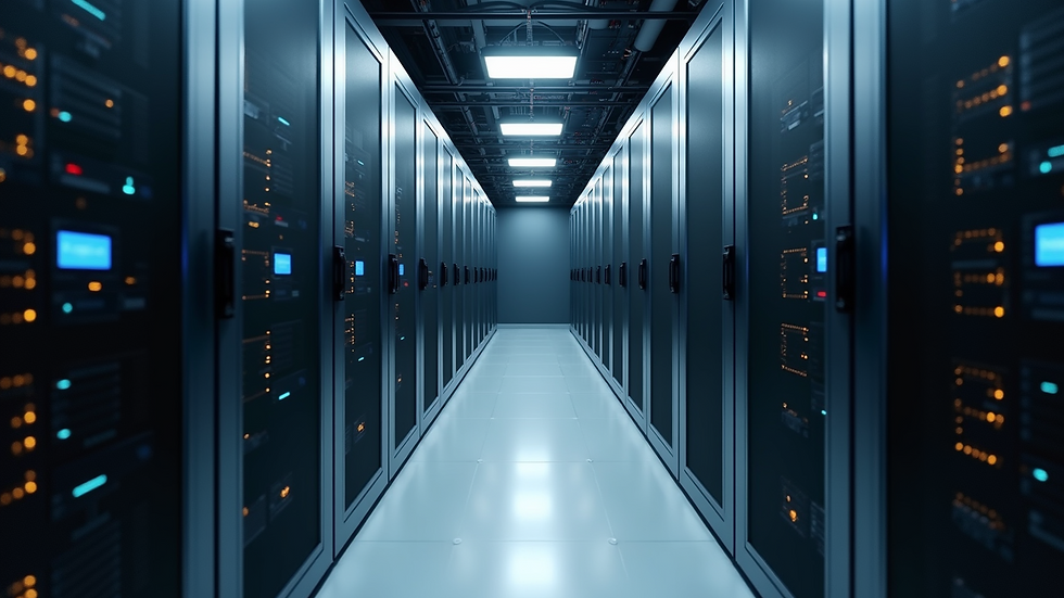 High angle view of a server room with racks of network equipment