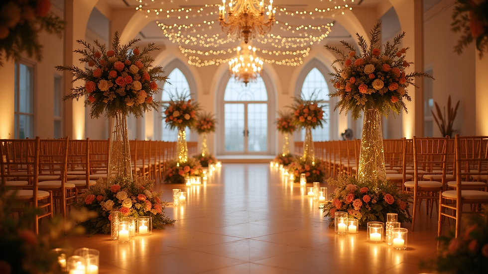Wide angle view of a wedding venue decorated with flowers and lights