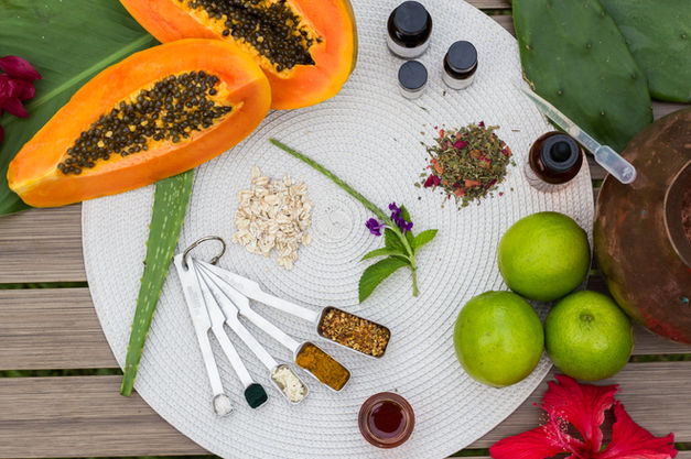 Food still life photography with papaya spices and natural ingredients