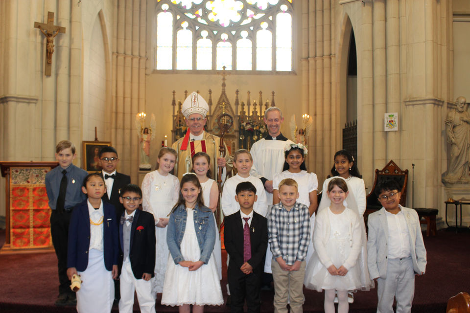 The children receiving their First Holy Communion and Confirmation 2026 with Bishop Michael | St Joseph's Cathedral School