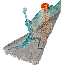 Illustration: An exuberant yogi, saluting the sunrise in a crescent lunge with a backdrop of a road and green mountain peaks.