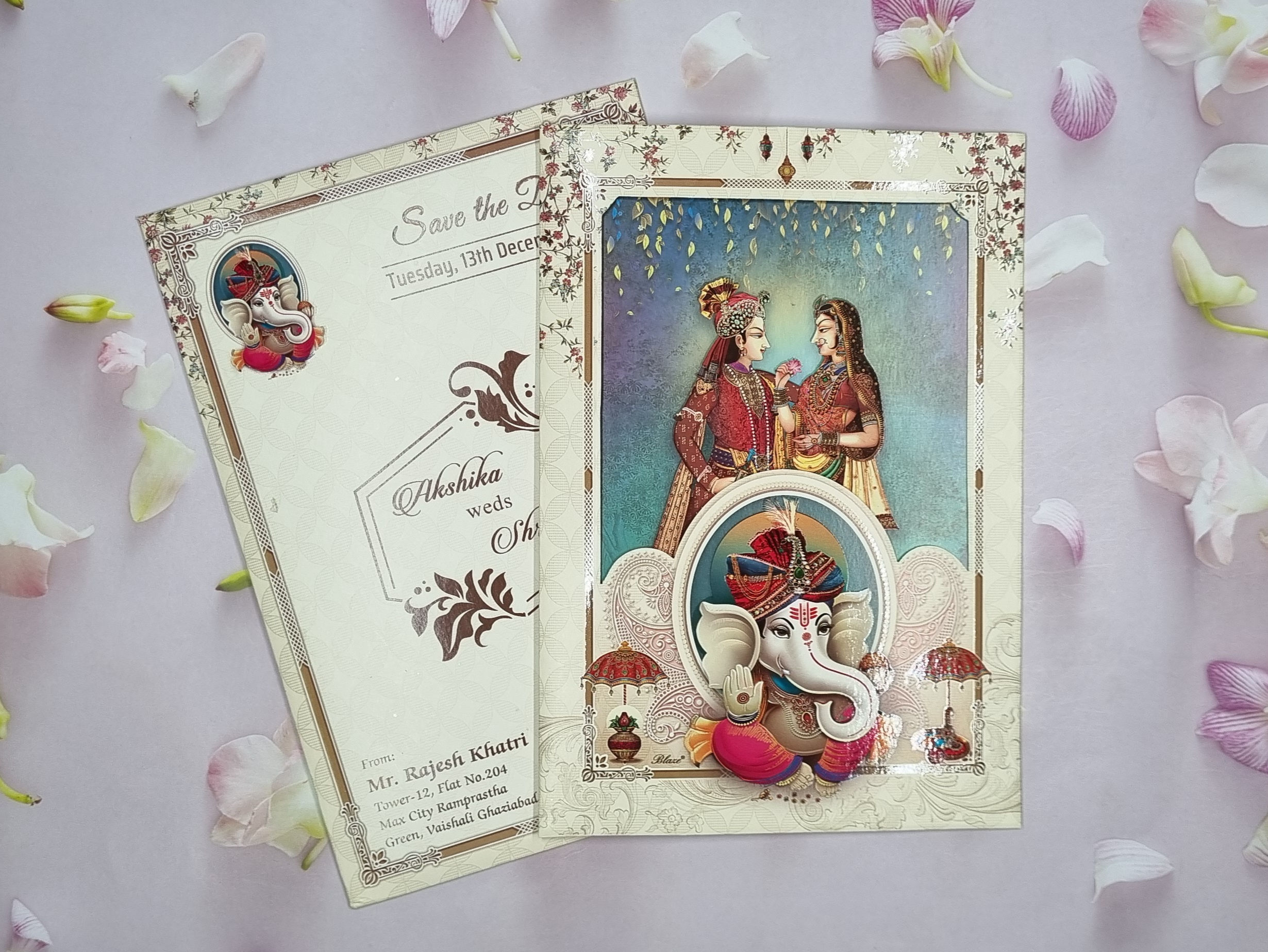 Bride And Groom Theme Ganesha Three Fold Wedding Invitation Card