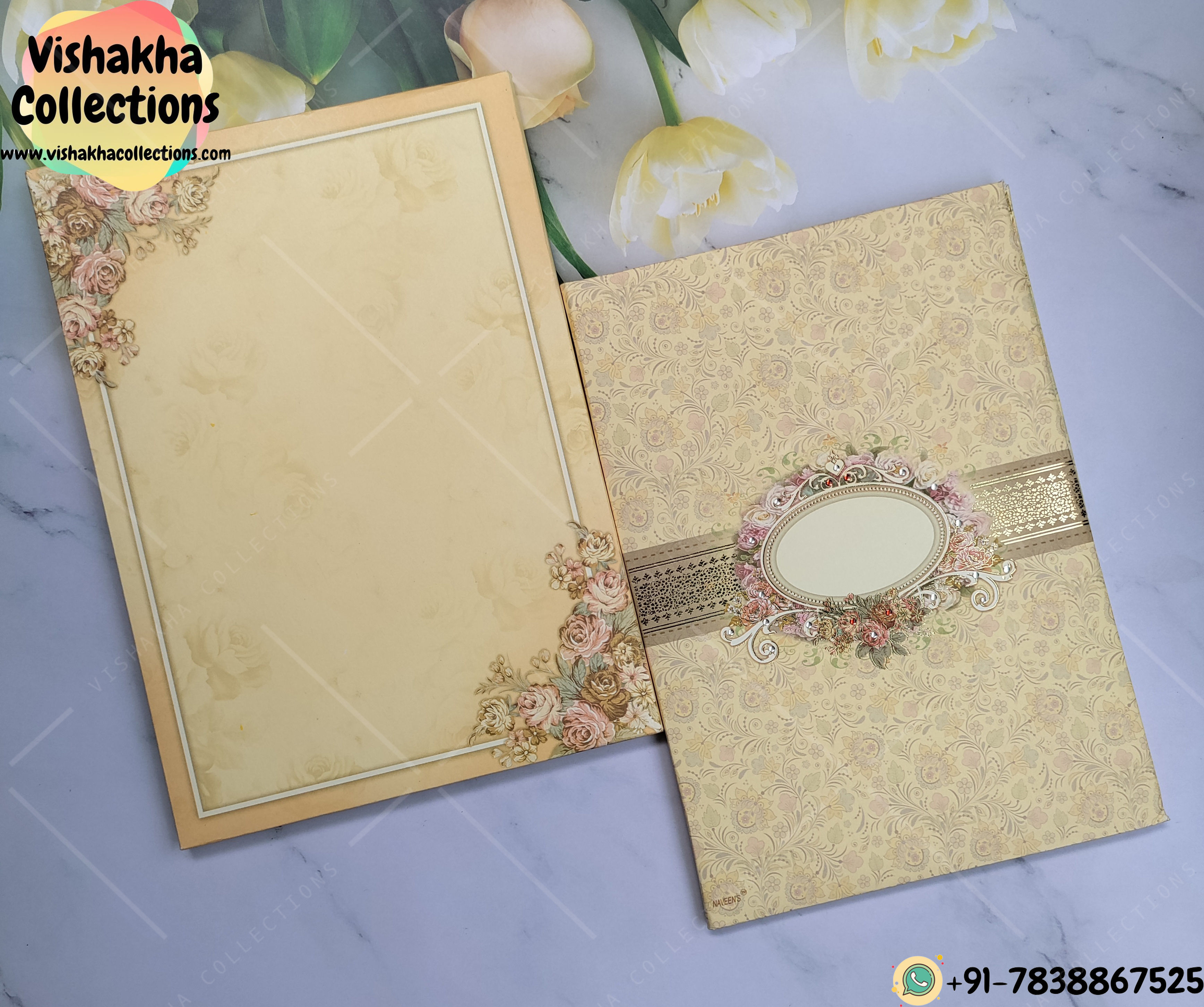 Beige Color Floral Designer Acrylic Couple Named Band Wedding Card
