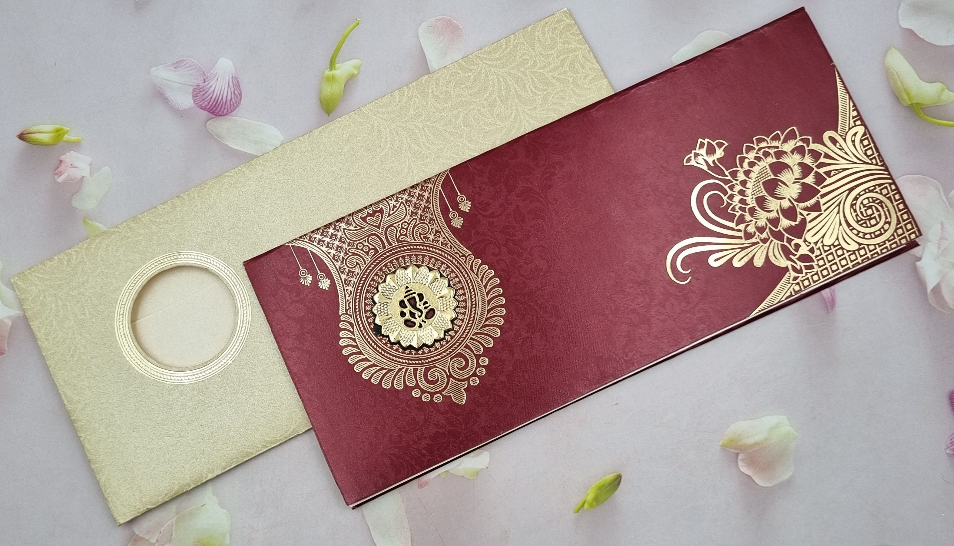 Dark Mehroon and Gold Ganpati Wedding Inviataion Card