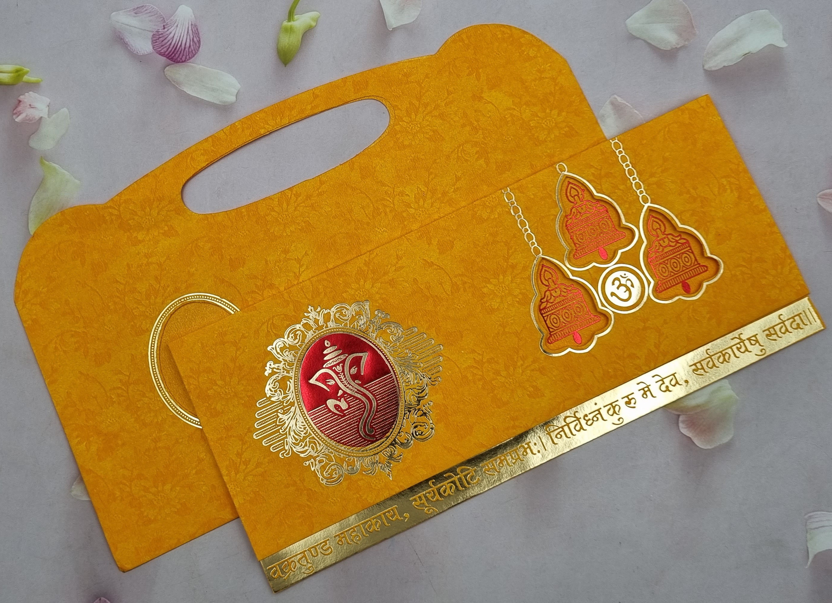 Carry Bag Style Three Fold Style Ganesh Red Wedding Invitation Card