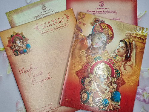 Radha Krishna Ganesh Ji Hindu Light Yellow And Multicolor Colored wedding invitation Cards GS-5012 main image 1