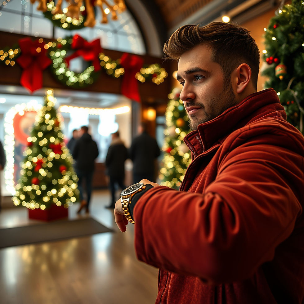 Man in red coat checks watch in festive setting with decorated trees and wreaths. Warm lighting and blurred figures in the background.