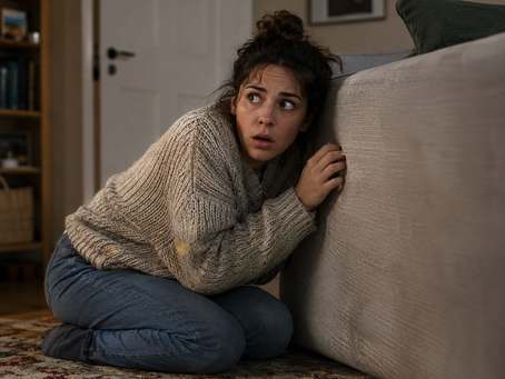 Woman crouches behind a sofa in a cozy living room, looking startled and anxious, wearing a beige sweater and jeans. Why does my body still not feel safe. Towards Tranquility Therapy.