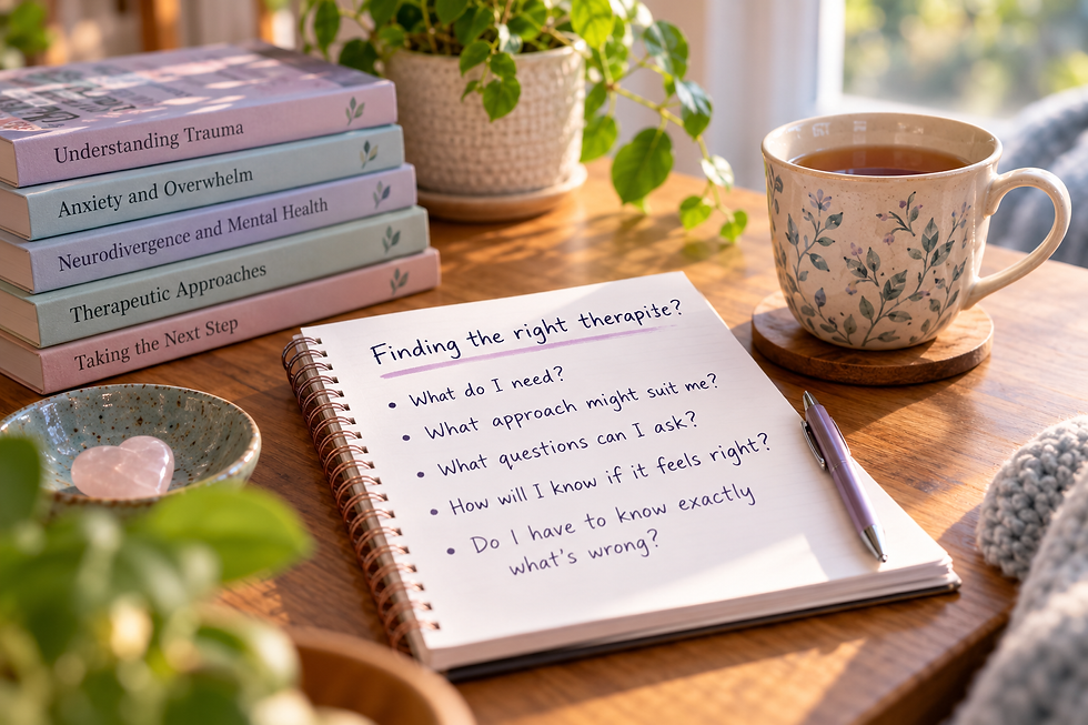 Notebook asks how to find the right therapist beside pastel mental health books, tea cup, plant, and pen on a sunny table.