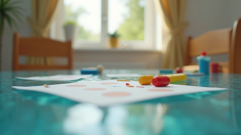 Vue en plongée d’une table avec des outils pédagogiques colorés pour enfants