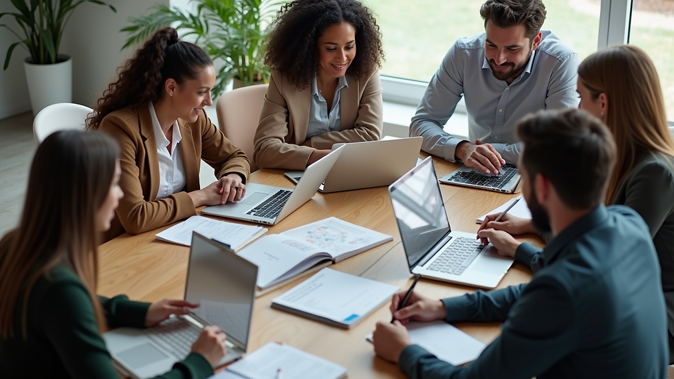 High angle view of a diverse team gathered around a table with laptops and notebooks