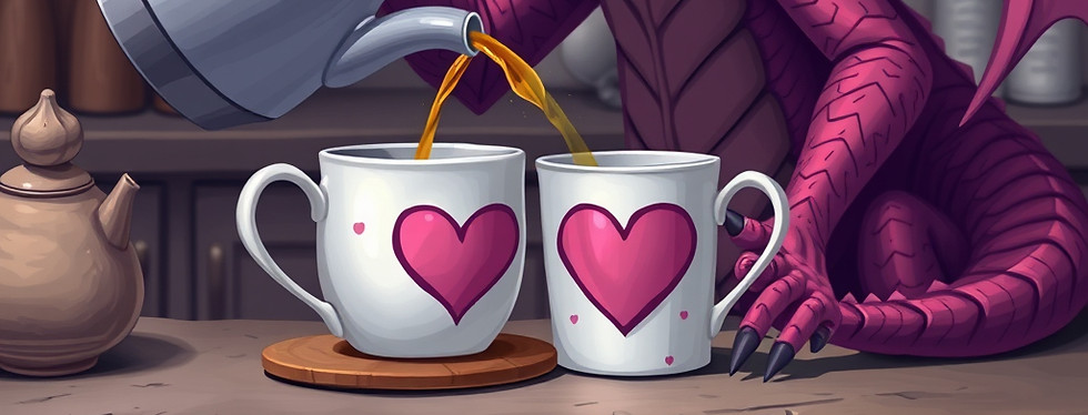 dragon holding mugs