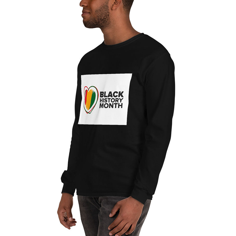 Küçük resim: Left side view of a man wearing, a black long sleeve shirt with a picture of a red, yellow and green heart with the words Black History Month.
