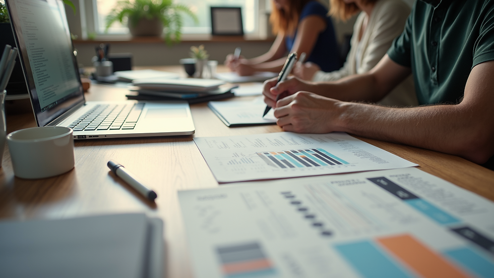 Eye-level view of a modern workspace with creative branding materials
