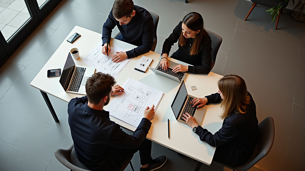 High angle view of a creative team collaborating around a table with laptops and sketches