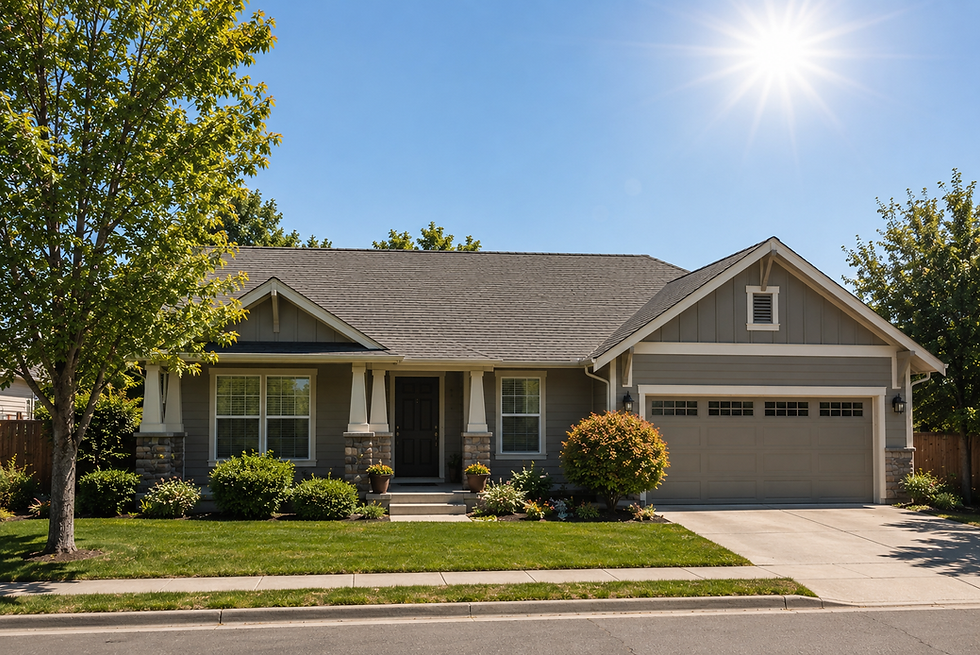 A photograph of the front exterior of a single-story, grey-green craftsman-style house on a sunny day. The house has white porch columns and window trim, stone pillars on the porch, an attached garage on the right, and is surrounded by a green lawn and landscaped trees and bushes. A large sun with visible rays is in the upper right.
