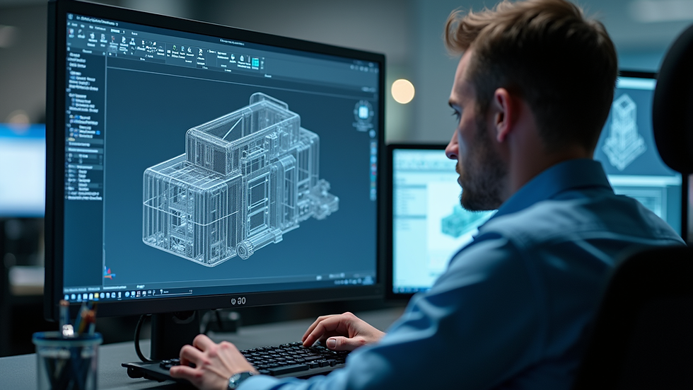 Eye-level view of a CAD engineer working on a 3D model on a computer screen
