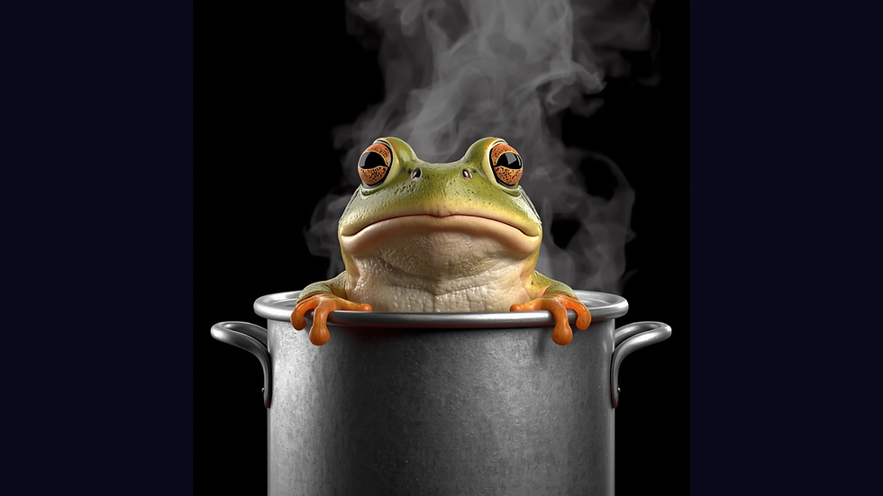 Frog sitting in a boiling pot of water