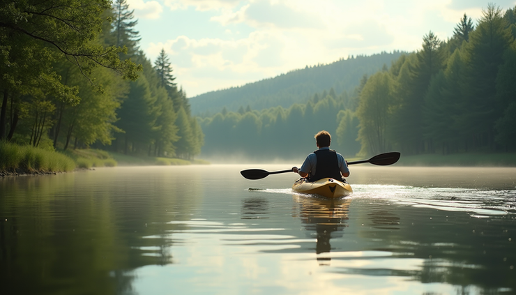 Eye-level view of a person kayaking on a calm lake surrounded by green trees