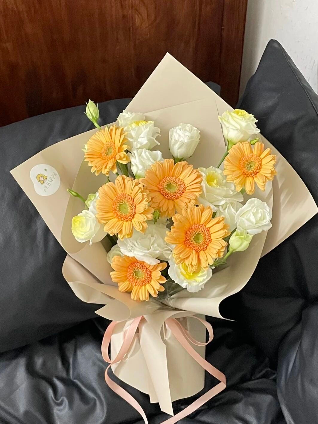 Warm Sun Marigold | Orange Gerbera & White Eustoma Fresh Bouquet