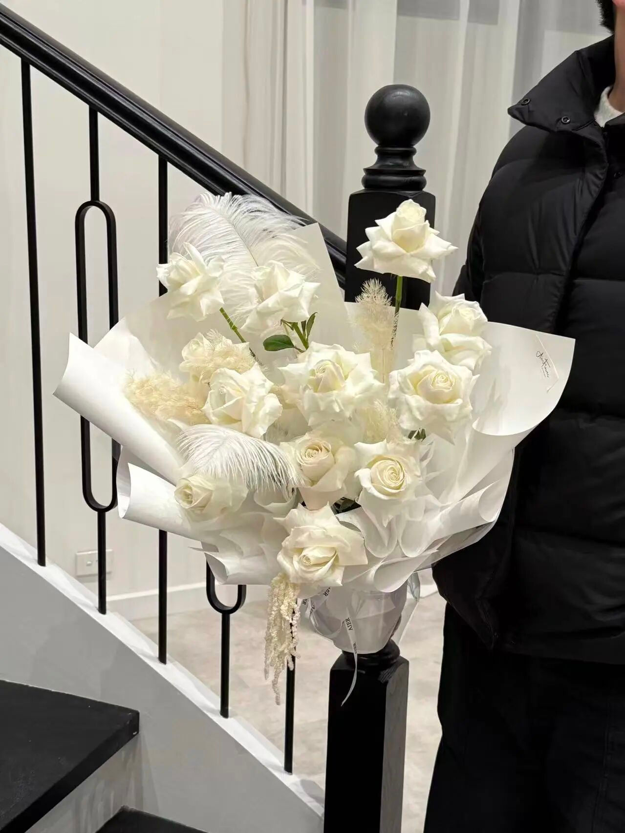 White Feather Wonderland - White Rose & Feather Bouquet