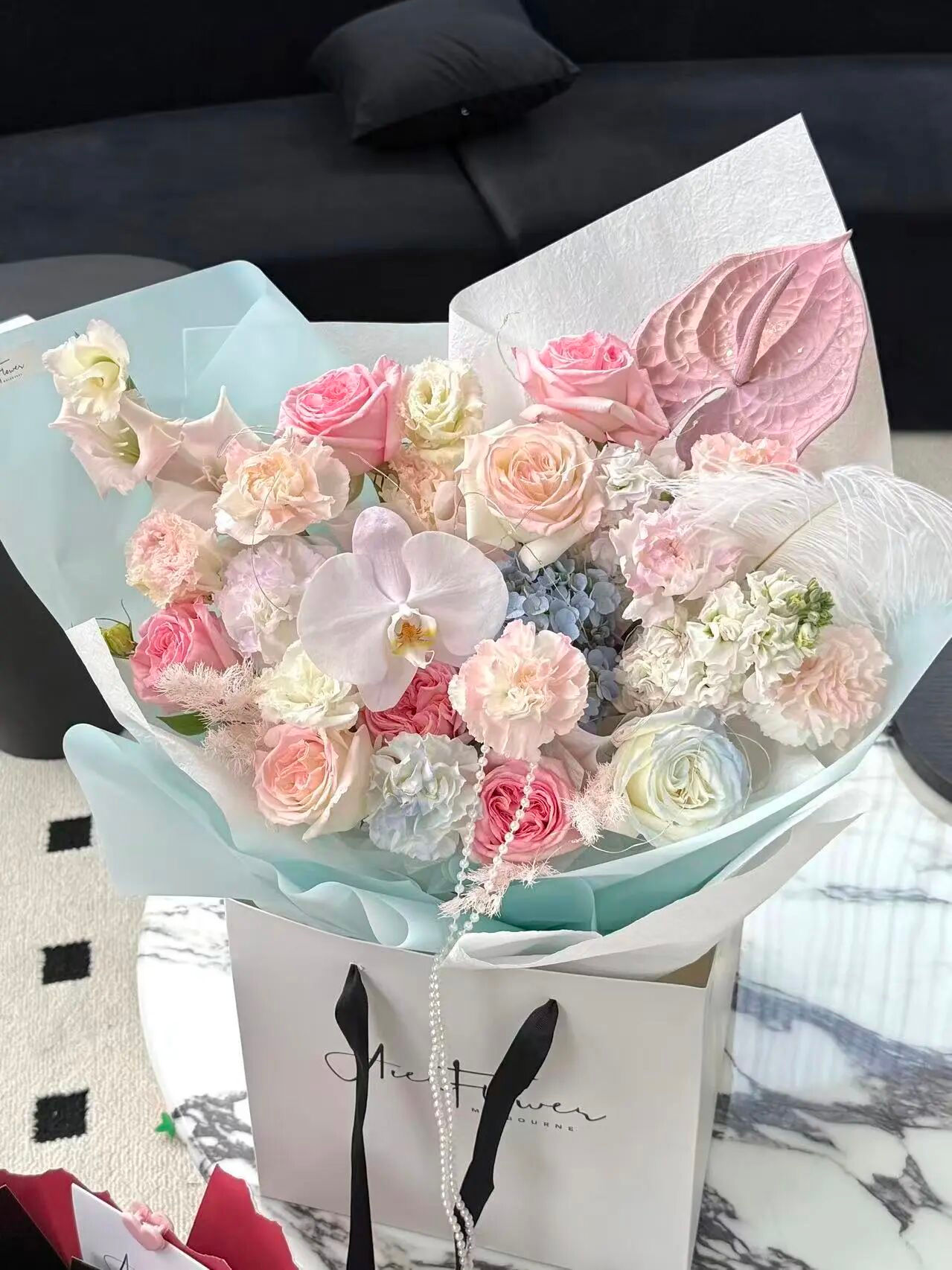 Pink-Blue Iridescent Pearl Phalaenopsis & Rose Bouquet