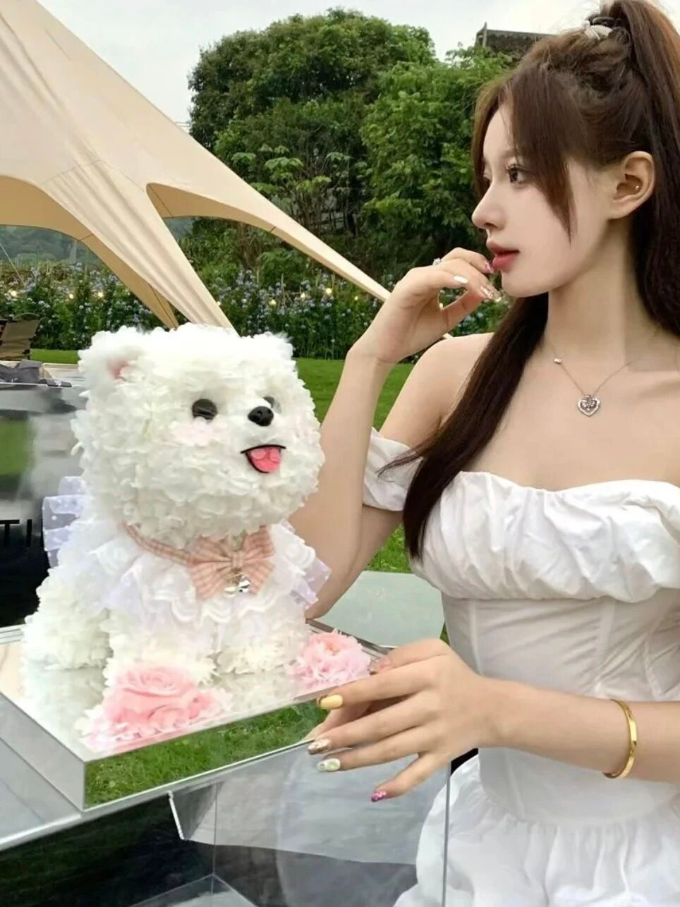 Puppy Pomeranian Preserved Flower Figurine