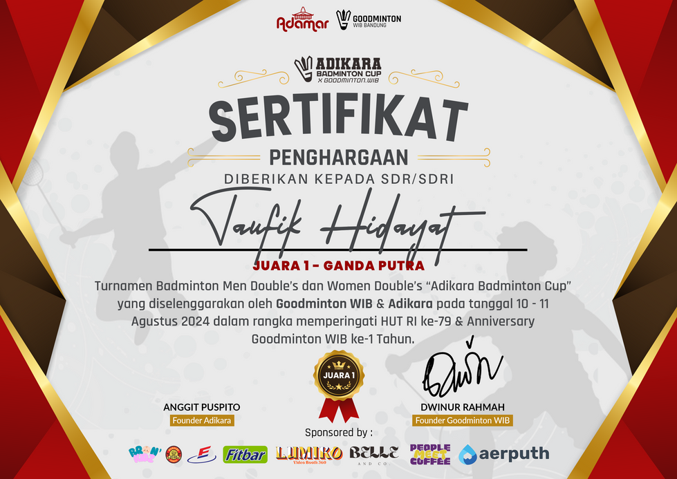 Sertifikat - Juara 1 - Adikara Badminton Cup.png