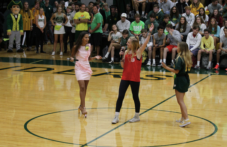 Senior, Leah Lissauer, giving announcement during the homecoming assembly about Peter Pan!