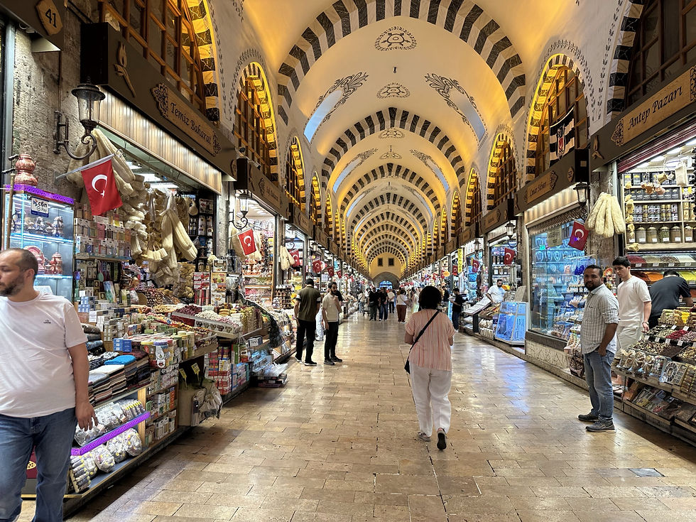 Bustling Turkish market arcade with arched painted ceiling, spice stalls, Turkish flags, and shoppers walking past bright shopfronts.