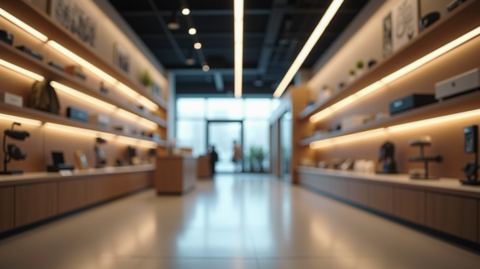 Eye-level view of a modern retail space with shelving and lighting